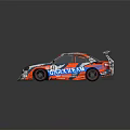 White Racing Car With Blue Orange Graphics Cast Shift Logo On Track With Yellow Lines