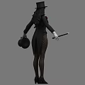 Woman Wearing Black Top Hat White Corset Fishnet Stockings Holding Cane with Rose Bow Tie 3d model
