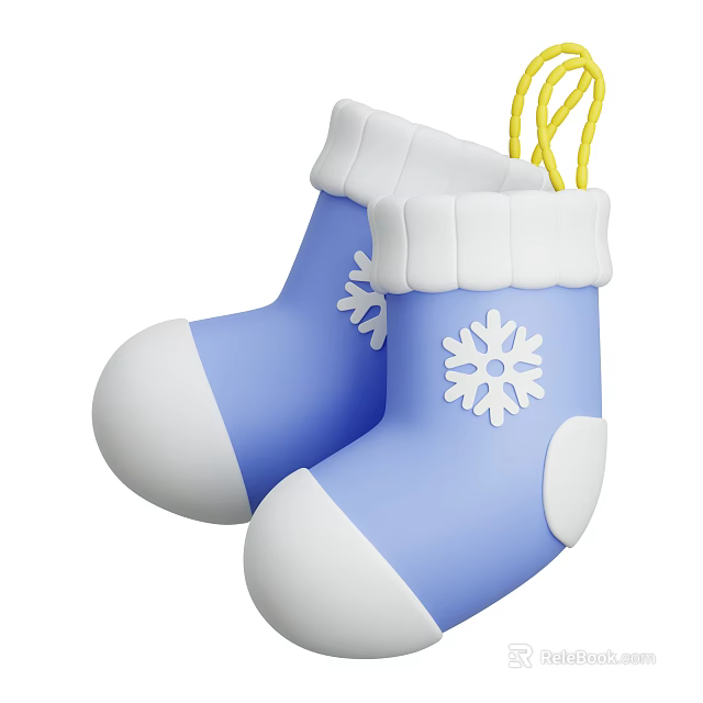 Blue Christmas Stockings With White Cuffs Snowflake Patterns And Yellow Hanging Ropes 3d model 