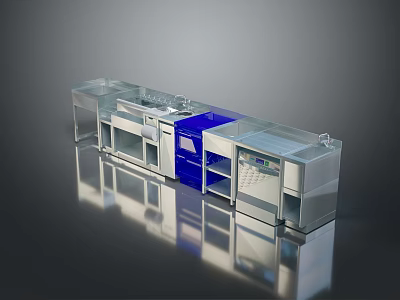 Modern Kitchen Interior With Stainless Steel Island Glass Counter And Blue Cabinets 3d model