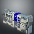Modern Kitchen Interior With Stainless Steel Island Glass Counter And Blue Cabinets