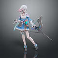 Game Anime Character With White Hair Pink Streaks And Blue White Outfit Holding Mechanical Longsword