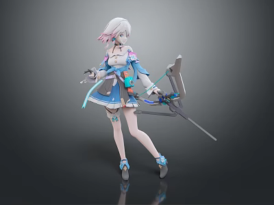 Game Anime Character With White Hair Pink Streaks And Blue White Outfit Holding Mechanical Longsword 3d model