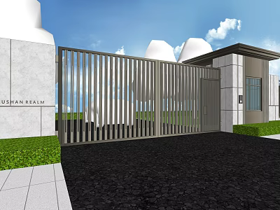Modern Metal Entrance Gate With Vertical Slats White Stone Walls And Green Lawn 3d model