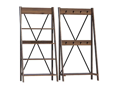 Wooden Storage Shelving Units With Black Metal Frame Multiple Layers And Hooks 3d model
