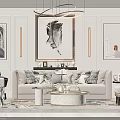 Elegant Beige Sofa With Patterned Pillows And Marble Coffee Table Set Artworks And Circular Chandelier