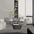 Modern Gray Sofa And Round Coffee Table Set With Pillows By Window City View