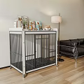 Sturdy Metal Pet Cage on Wooden Floor with Decor Items and Corgi in Living Room