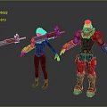 Two Characters In Black Bodysuit And Red Mech Suit With Red Weapon