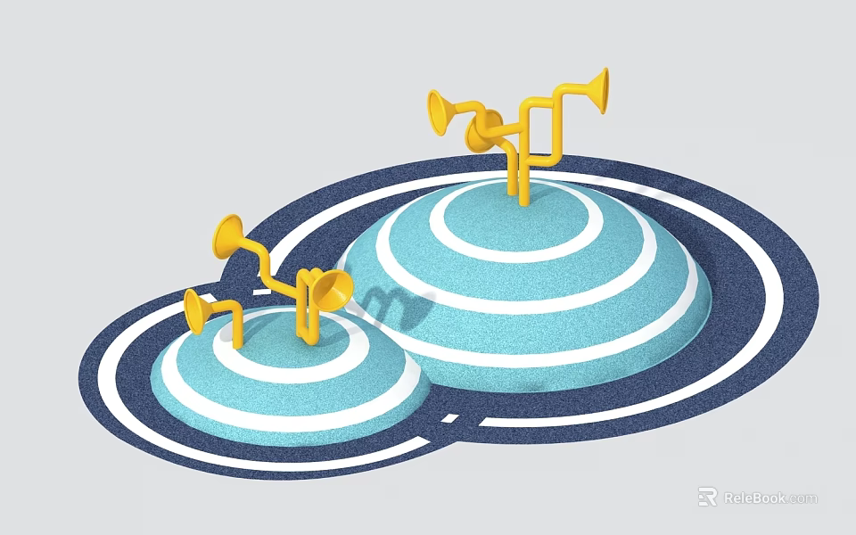 Playground Equipment With Blue Domes And Yellow Horn Decorations On Blue White Circular Bases 3d model 