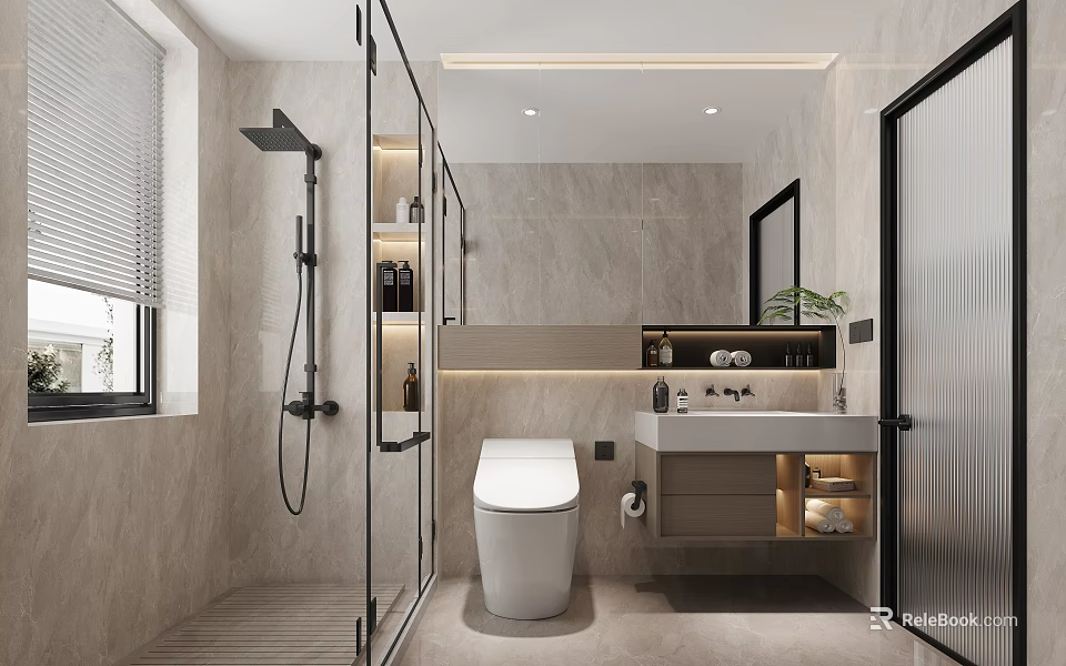 Modern Bathroom Interior Design With Glass Shower Enclosure Toilet Vanity And Large Mirror 3d model 