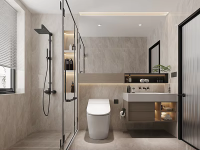 Modern Bathroom Interior Design With Glass Shower Enclosure Toilet Vanity And Large Mirror 3d model