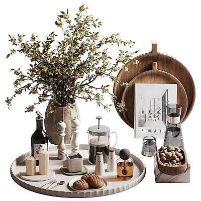 Tableware Set With Wooden Tray Plates Vase With Greenery Coffee Maker And Nuts 3d model