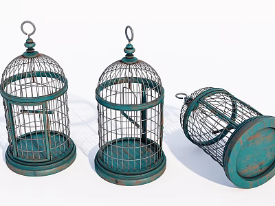 Three Vintage Teal Metal Bird Cages Decorative Ornament Set Standing And Lying 3d model