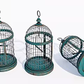 Three Vintage Teal Metal Bird Cages Decorative Ornament Set Standing And Lying