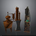 Vintage Orange Distiller Vertical Pipe Device And Blue Brown Wine Rack With Green Jar