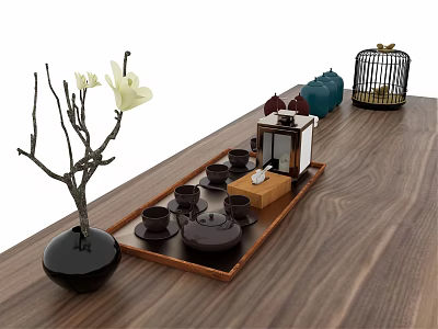 Traditional Tea Set on Wooden Table with Tray Cups Teapot Vase and Birdcage 3d model