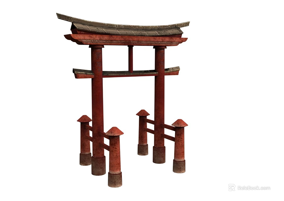 Traditional Japanese Red Wooden Torii Gate Structure With Roof And Pillars 3d model 