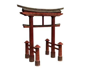 Traditional Japanese Red Wooden Torii Gate Structure With Roof And Pillars 3d model