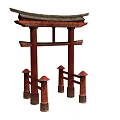 Traditional Japanese Red Wooden Torii Gate Structure With Roof And Pillars