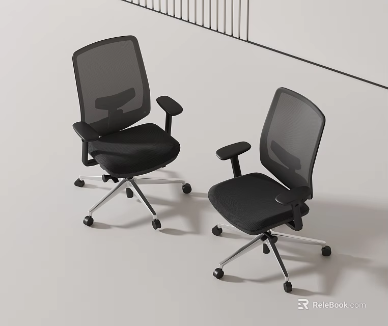 Two Black Modern Office Chairs with Mesh Back Armrests and Swivel Wheels 3d model 