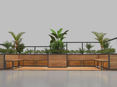 Outdoor Wooden Chairs With Green Plants And Palm Trees On Patio Railing 3d model