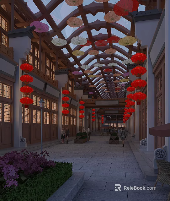 Traditional Chinese Commercial Street with Red Lanterns Decorative Ceiling and Pedestrians 3d model 