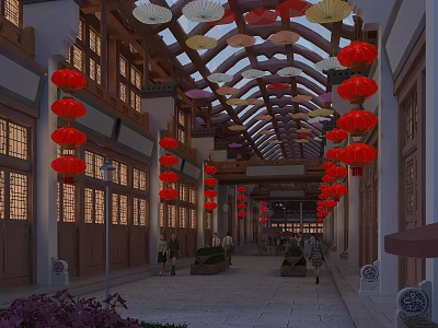 Traditional Chinese Commercial Street with Red Lanterns Decorative Ceiling and Pedestrians 3d model