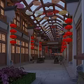 Traditional Chinese Commercial Street with Red Lanterns Decorative Ceiling and Pedestrians