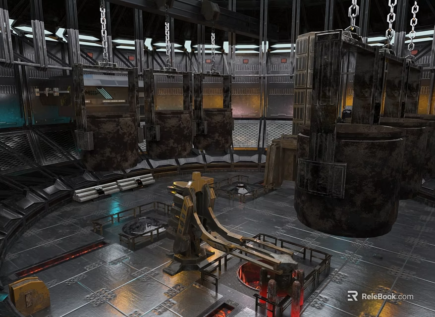 Industrial Factory Interior With Hanging Metal Barrels Chains Machinery And Platforms 3d model 