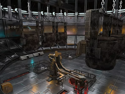 Industrial Factory Interior With Hanging Metal Barrels Chains Machinery And Platforms 3d model