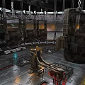 Industrial Factory Interior With Hanging Metal Barrels Chains Machinery And Platforms