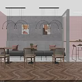 Modern Bubble Tea Shop Interior With Herringbone Wooden Floor Hanging Lights Pink Counter And Cactus Plants