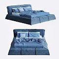 Blue Upholstered Double Bed With Modern Design And Soft Pillows Comforter 3d model