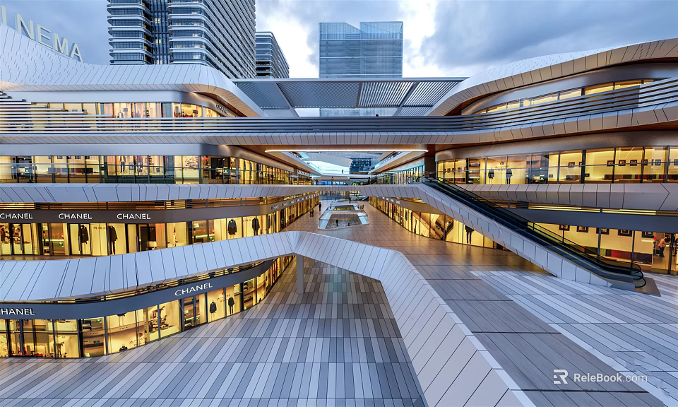 Modern Commercial Complex Architecture With Multi level Glass Facade Open Walkways And Illuminated Stores 3d model 