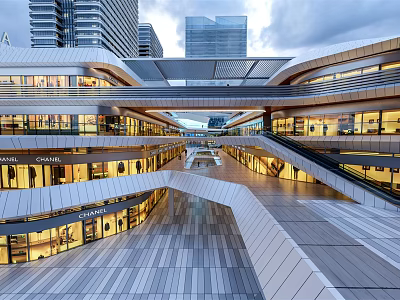 Modern Commercial Complex Architecture With Multi level Glass Facade Open Walkways And Illuminated Stores 3d model