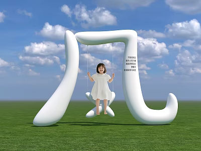 Giant White Swing Photo Check In Spot On Green Grass Blue Sky With Little Girl 3d model