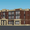 Multi Story Commercial Complex With Red Brick Facade And Large Windows 3d model