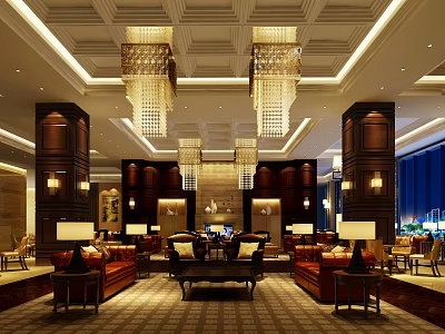 Luxurious Hotel Lobby Interior With Crystal Chandeliers Comfortable Sofas And Decorative Columns 3d model
