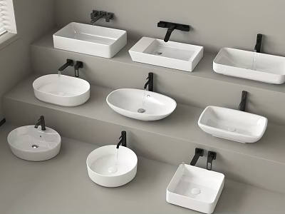 Multiple White Washbasins of Different Shapes on Grey Stepped Wall with Black Faucets 3d model