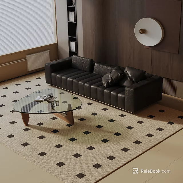 Black Three Seater Sofa With Glass Coffee Table On Beige Carpet With Black Diamond Patterns 3d model