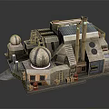 Detailed Cartoon Industrial Scene With Domed Buildings Chimneys Staircases And Red Barrels