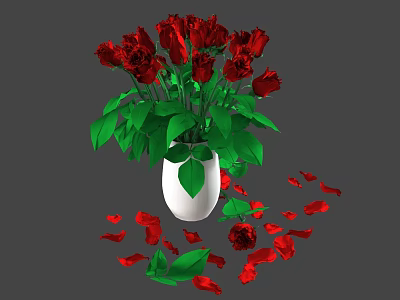 Red Rose Potted Plant With White Vase Green Leaves And Scattered Petals 3d model