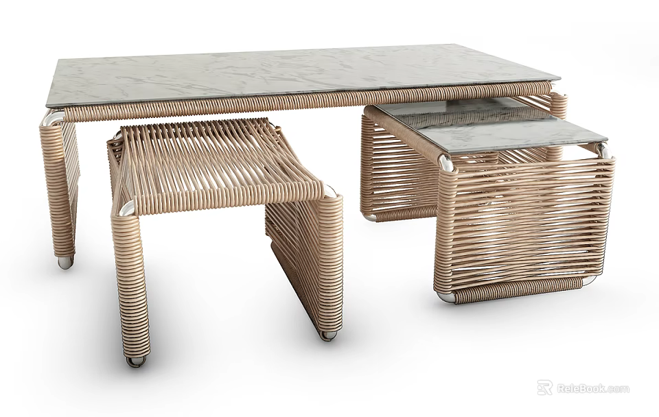 Modern Rattan Coffee Table With Glass Top And Two Small Side Tables 3d model 