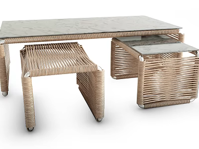 Modern Rattan Coffee Table With Glass Top And Two Small Side Tables 3d model