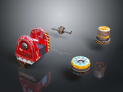 Colorful Daily Life Supplies Including Red Storage Container Yellow Cable Reel And Silver Metal Parts 3d model