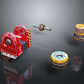 Colorful Daily Life Supplies Including Red Storage Container Yellow Cable Reel And Silver Metal Parts