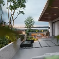 Cozy Villa Balcony With Wooden Deck Fire Pit Wicker Chairs Green Plants And Scenic View