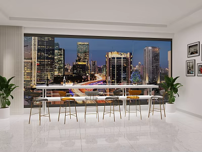 Modern Bar Counter With High Stools And City Night View Through Large Windows 3d model