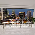 Modern Bar Counter With High Stools And City Night View Through Large Windows